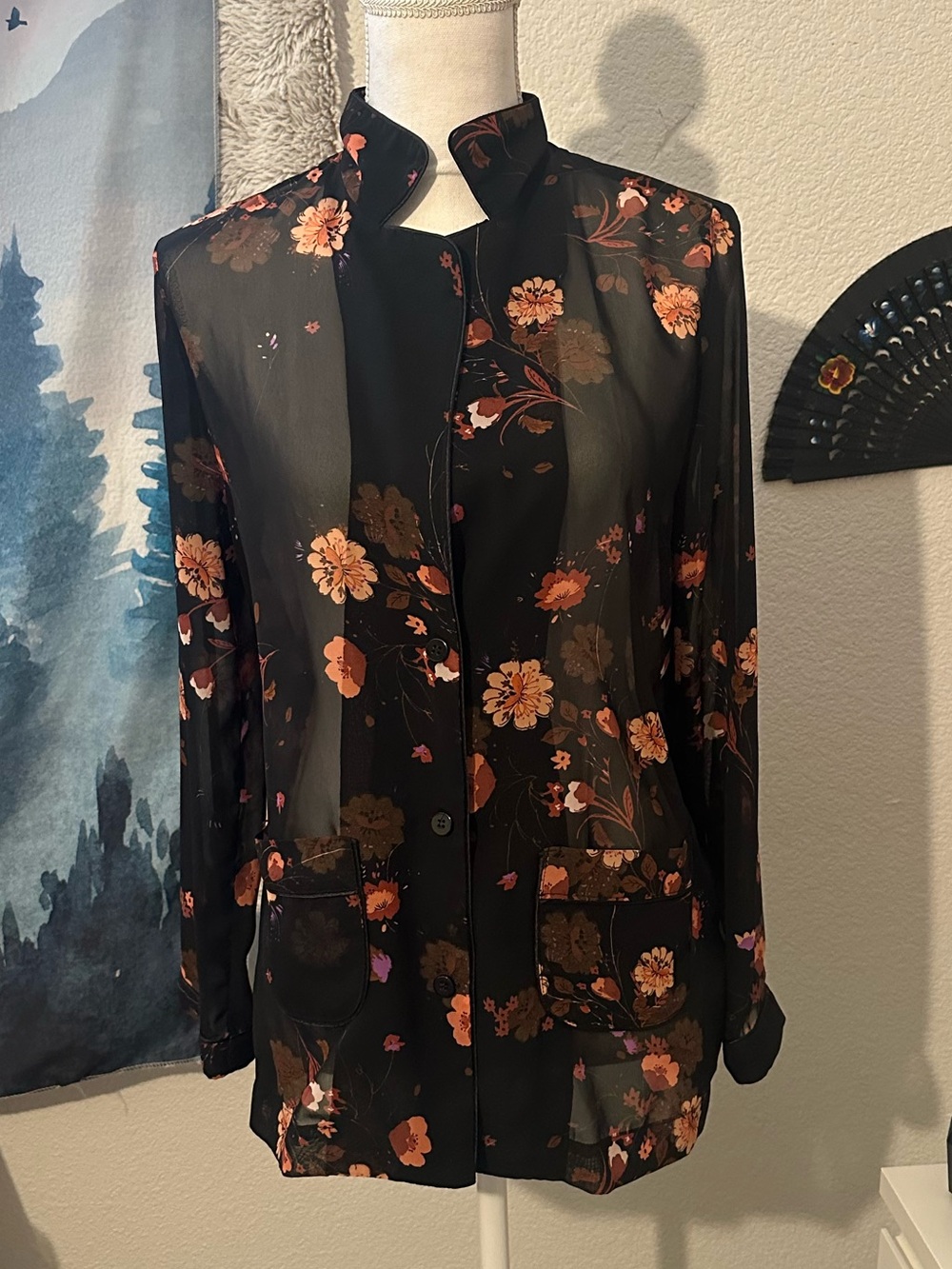 Zara Black Sheer Floral Button-Up Blouse